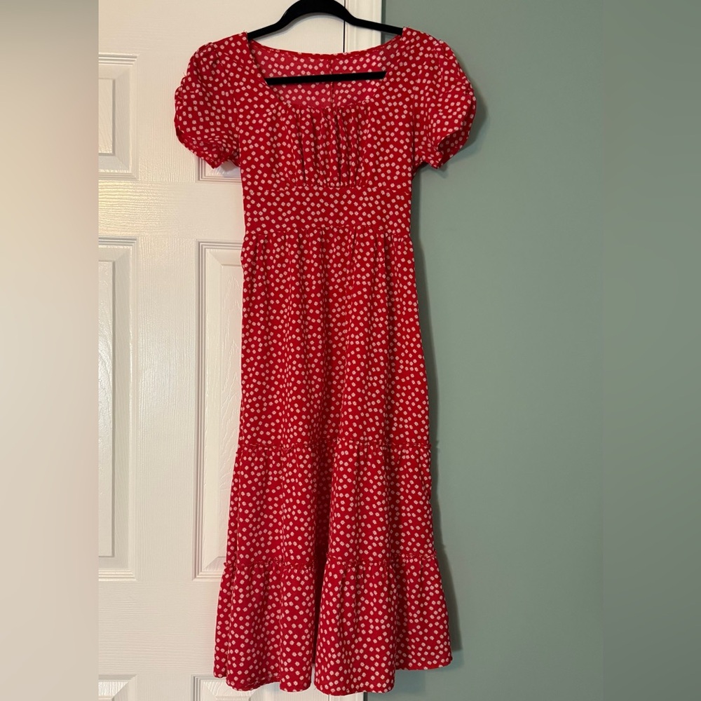 RED DRESS WITH WHITE FLOWERS